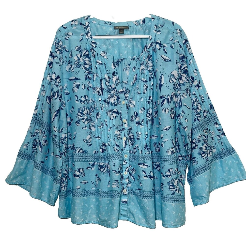 Style & Co Plus 3X Blue Floral Cotton Blouse Pintuck Bell Sleeve Boho Tunic